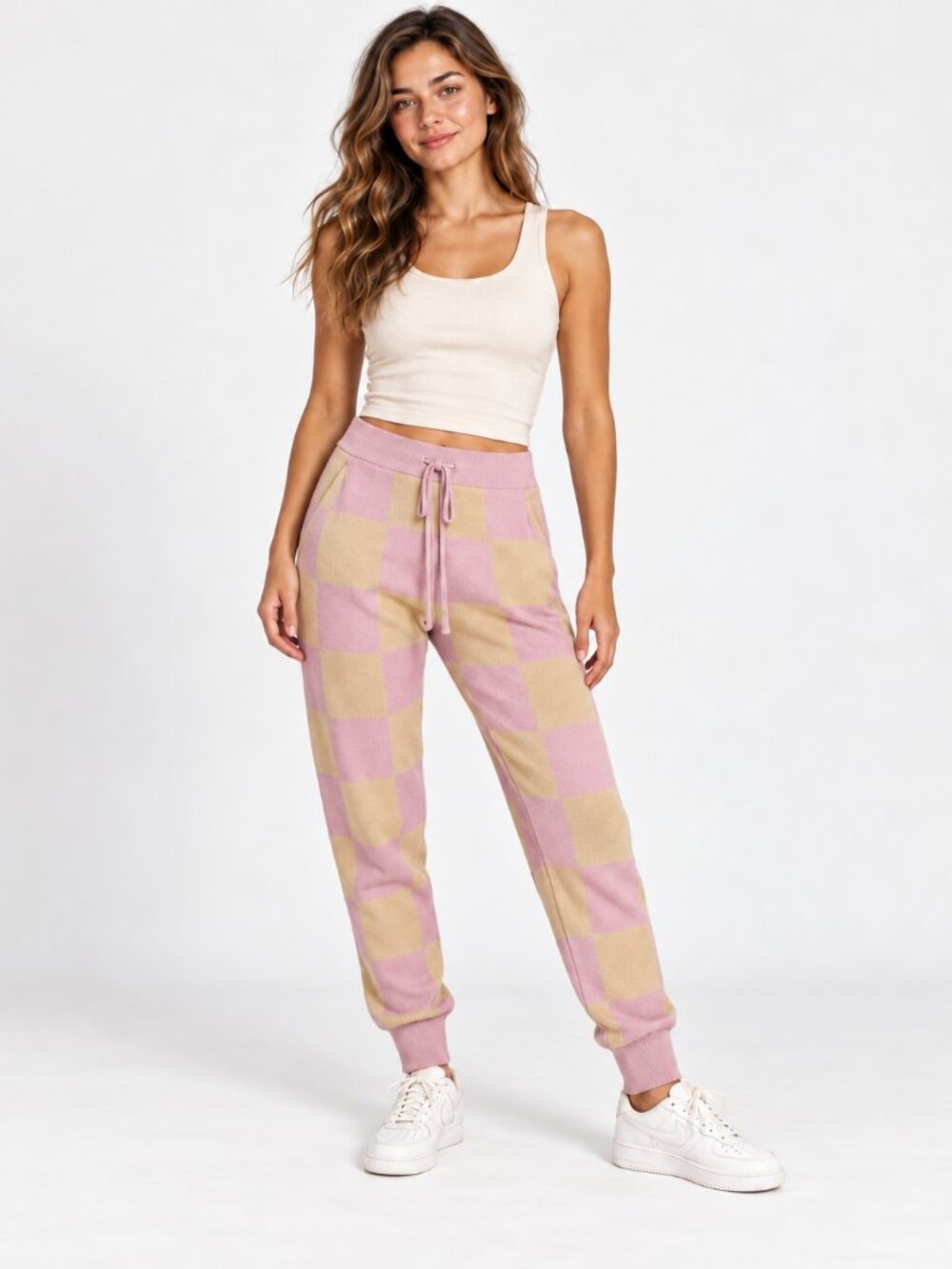 Monrow Checkered Joggers Pink Beige Knit Drawstring Lounge Pants Cozy Athleisure